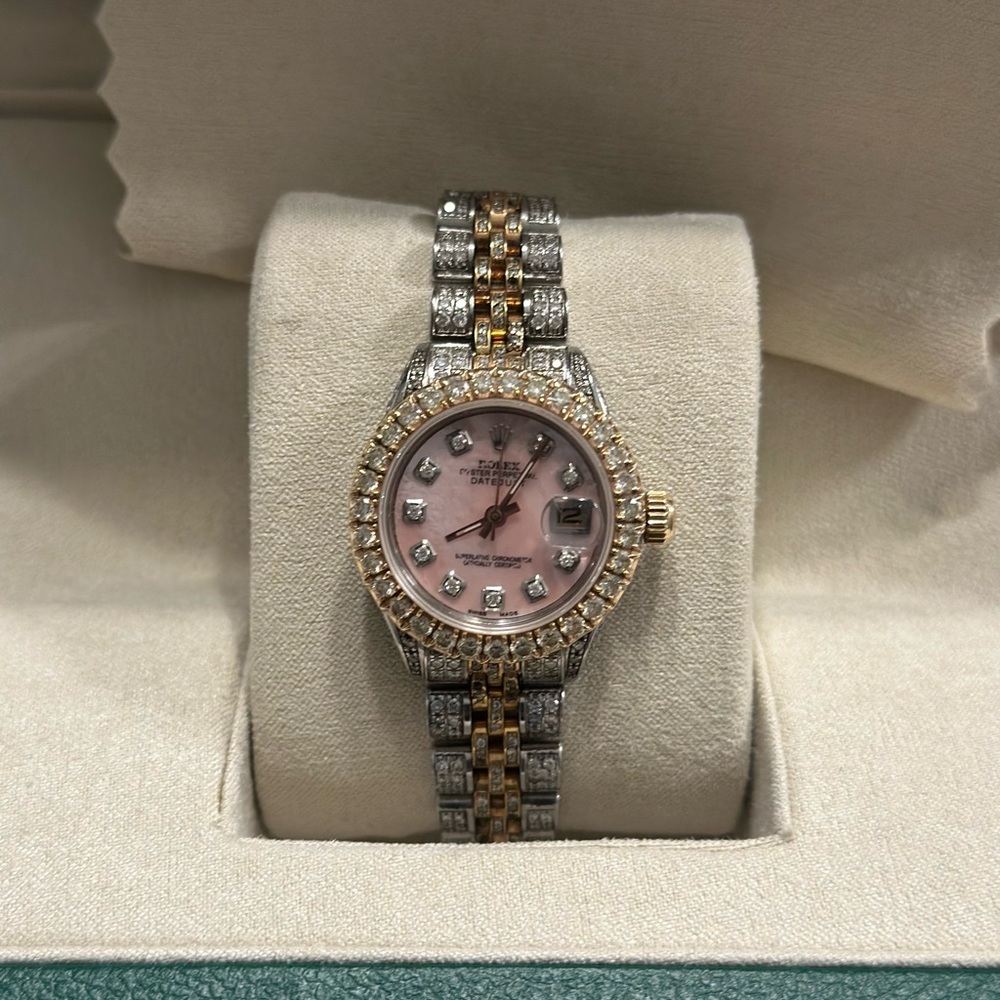 26mm women’s Rolex bust down watch - oyster pearl dial with diamonds bezel